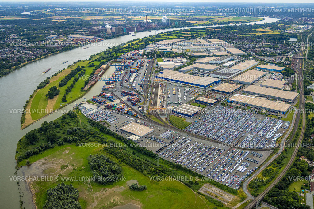 Duisburg240704070-West | Luftbild, Duisburg-West, logport I (Eins) Rheinhausen, duisport mit Automobil-Logistik am Fluss Rhein, Friemersheim, Duisburg, Ruhrgebiet, Nordrhein-Westfalen, Deutschland