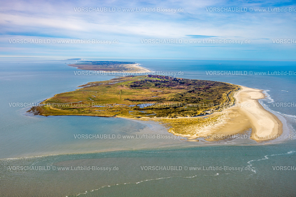 Aurich251105529Baltrum | Luftbild, Gesamtansicht der Ostfriesischen Insel Baltrum, Sandstrand, Feuchtwiesen und Baltrumer Dünen, Fernsicht und blauer Himmel mit Horizont, hinten die Insel Norderney, Baltrum, Norddeutschland, Ostfriesland, Niedersachsen, Deutschland