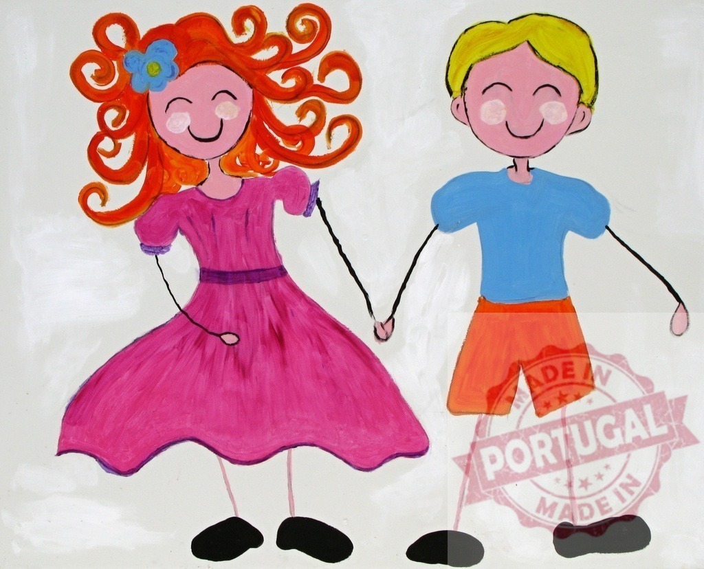 Children painting boy girl holding hands together | Painting showing a boy and a girl holding hands with happy expressions - Realized with Pictrs.com