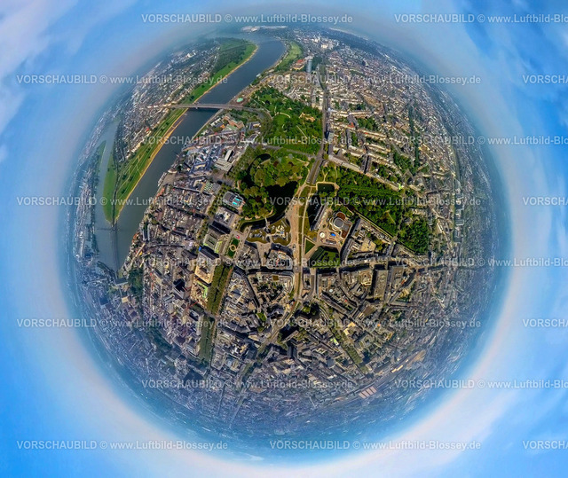 Duesseldorf240590062Hofgarten_Koe-Bogen | Luftbild, Düsseldorfer Altstadt am Fluss Rhein, Hofgarten Park Grüne Lunge und Kö-Bogen Gebäudekomplex, Erdkugel, Fisheye Aufnahme, Fischaugen Aufnahme, 360 Grad Aufnahme, tiny world, little planet, fisheye Bild, Pempelfort, Düsseldorf, Nordrhein-Westfalen, Deutschland