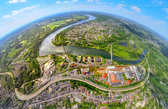 Essen230520103BaldeneyseeKupferdrehHeidhausen | Luftbild, Baldeneysee, Ruhrstausee, Kupferdreh und Heisingen Ortsansicht, Gewerbegebiet Hinsbecker Löh, Erdkugel, Fisheye Aufnahme, Fischaugen Aufnahme, 360 Grad Aufnahme, Heisingen, Essen, Ruhrgebiet, Nordrhein-Westfalen, Deutschland