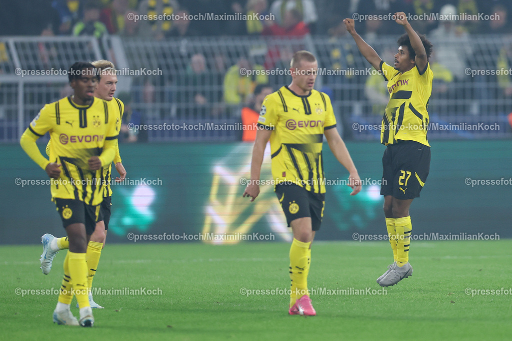 BVB01102401008 | 01.10.2024, Fußball, UEFA Champions League, Borussia Dortmund - Celtic Glasgow, 2. Spieltag, Signal Iduna Park, Saison 2024 2025: Torjubel nach dem 2:1 durch Karim Adeyemi (BVB #27)