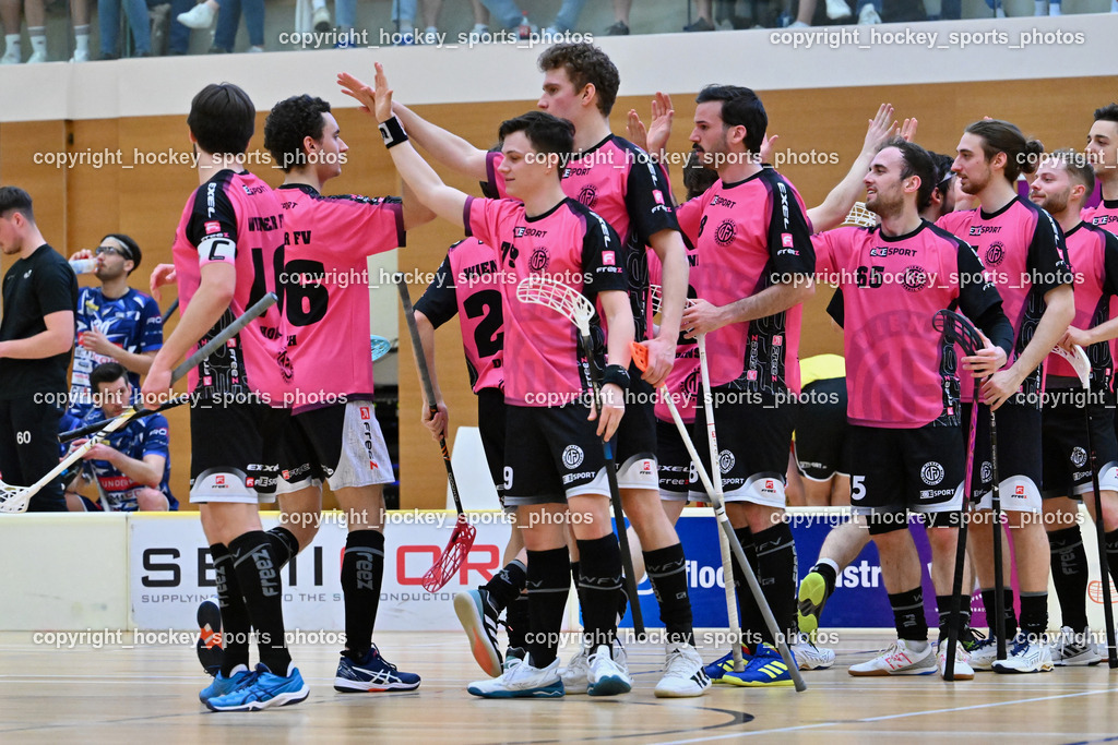 VSV Unihockey vs. Wiener Floorballferein 6.4.2024 | #26 Alexander Hanschur Wiener Floorballverein, #71 Christoph Platzer Wiener Floorballverein,  #29 Jonas-Justus Dopona Wiener Floorballverein, #95 Niklas Felsberger Wiener Floorballverein, VSV Unihockey vs. Wiener Floorballferein 6.4.2024, VSV Unihockey vs. Wiener Floorballferein  am 06.04.2024 in Villach (Ballspielhalle St. Martin), Austria, (Photo by Bernd Stefan)