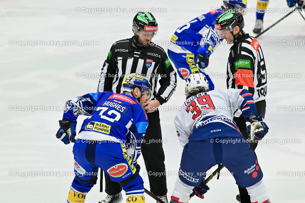 EC IDM Wärmepumpen VSV vs. Hydro Fehervar AV19  | #72 HUGHES John EC VSV, #39 Cheek Trevor HYDRO FEHERVAR, Vaczi David Referee, Nagy Attila Referee, EC IDM Wärmepumpen VSV vs. Hydro Fehervar AV19 , EC IDM Wärmepumpen VSV vs. Hydro Fehervar AV19  am 01.01.2025 in Villach (Stadthalle Villach), Austria, (Photo by Bernd Stefan)