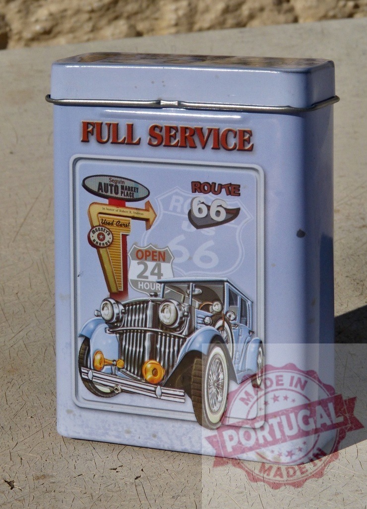 Route 66 full service vintage tin box | Tin box featuring Route 66, a classic car, and full service garage artwork - Realized with Pictrs.com