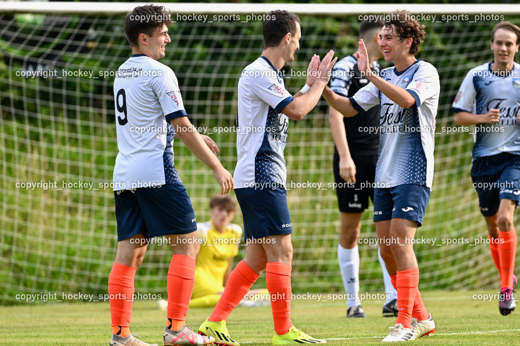 SC Magdalen vs. DSG Ledenitzen | Jubel DSG Ledenitzen Mannschaft, #9 Florian Wassertheurer DSG Ledenitzen, #11 Enis Musanovic DSG Ledenitzen, #15 Jakob Schuster DSG Ledenitzen, SC Magdalen vs. DSG Ledenitzen, SC Magdalen vs. DSG Ledenitzen am 19.07.2024 in Villach (Sportplatz Madalen), Austria, (Photo by Bernd Stefan)