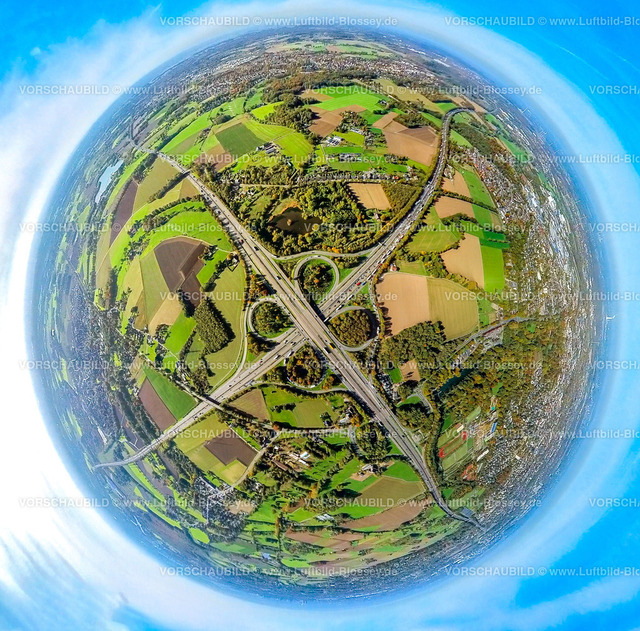 Moers20221006_1BAB-Kreuz_Krefeld_A53-4 | Luftbild, Autobahnkreuz Moers, Autobahn A40 und Autobahn A57, Fisheye Aufnahme, Fischaugen Aufnahme, 360 Grad Aufnahme, Moers-Hülsdonk, Moers, Fisheyeaufnahme, Ruhrgebiet, Nordrhein-Westfalen, Deutschland