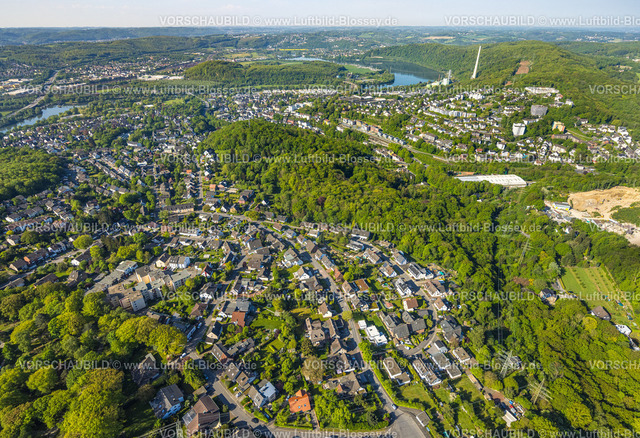 Herdecke240503381 | Luftbild, Wohngebiet Ortsansicht Herdecke Rehberg Wald mit Harkortsee im Hintergrund mit Cuno Schornstein, Herdecke, Ruhrgebiet, Nordrhein-Westfalen, Deutschland