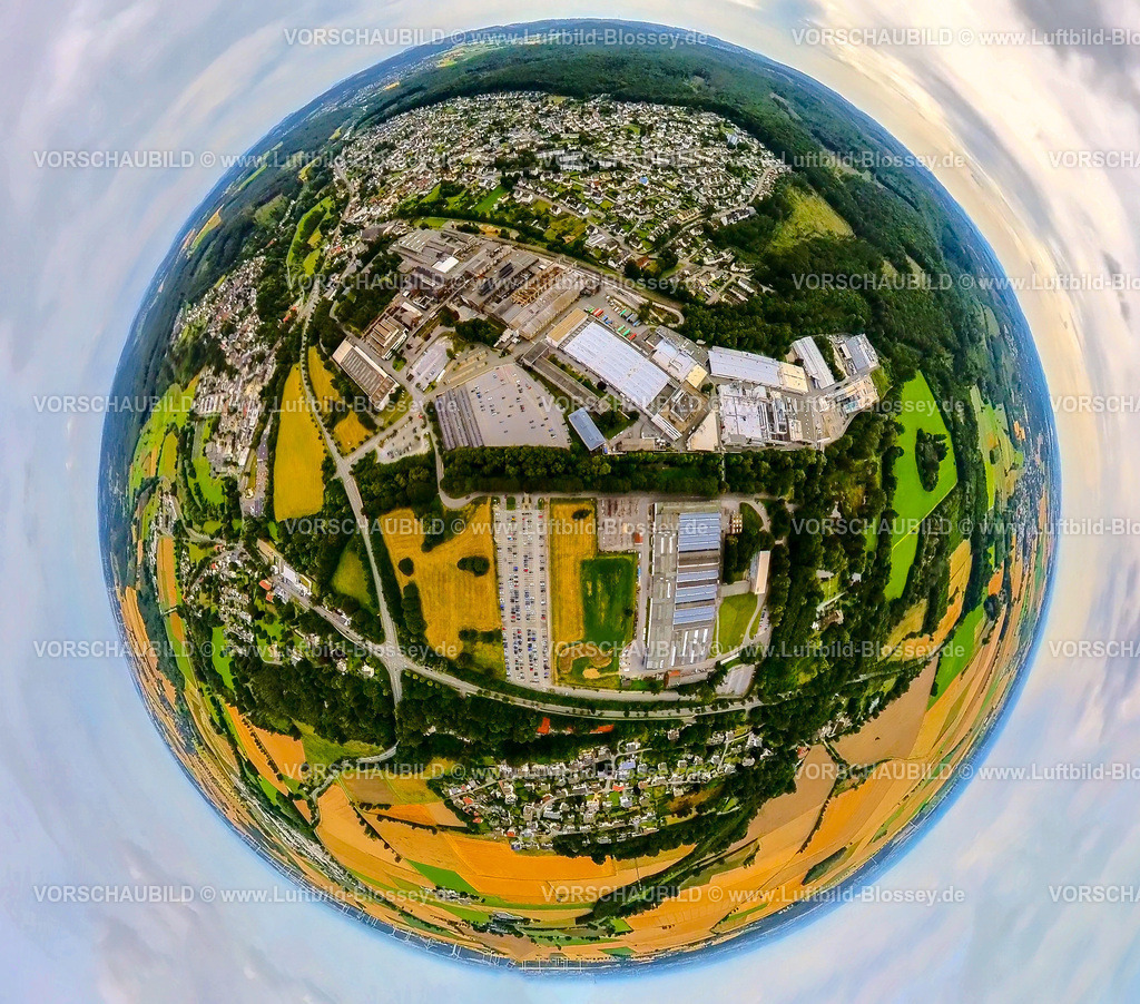 Warstein240790086Belecke_Infineon | Luftbild, Gewerbegebiet Belecke Max-Planck-Straße mit Infineon Werk und AEG Power Solutions, Erdkugel, Fisheye Aufnahme, Fischaugen Aufnahme, 360 Grad Aufnahme, tiny world, little planet, fisheye Bild, Belecke, Warstein, Soester Börde, Nordrhein-Westfalen, Deutschland