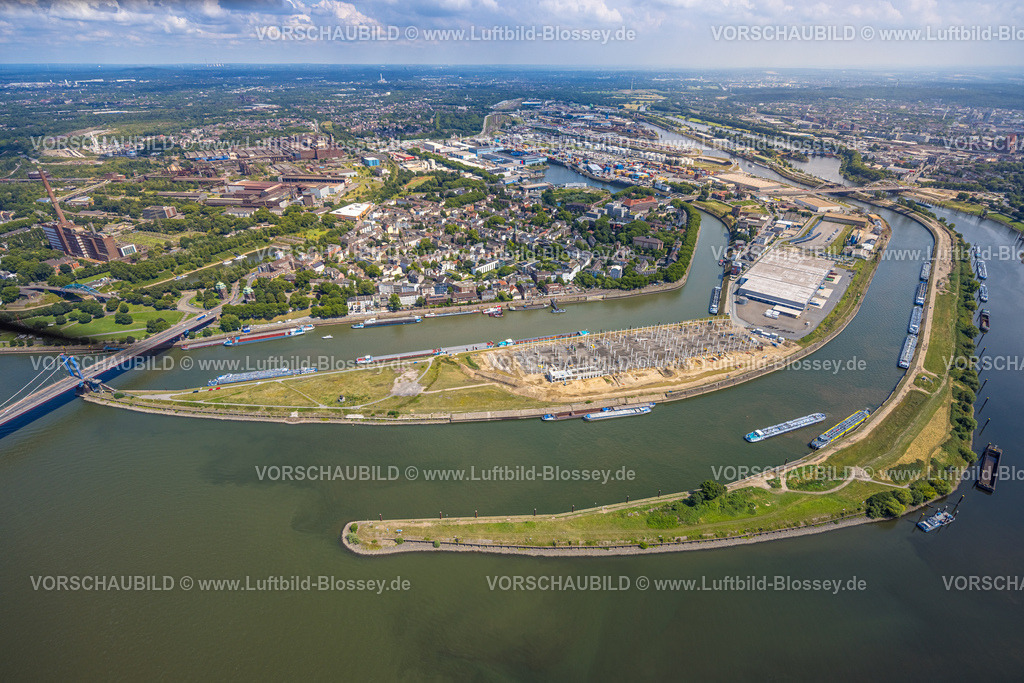 Duisburg250703275Nord | Luftbild, Duisburger Hafen Gesamtansicht, Mercatorinsel Binnenschifffahrt auf Vinckekanal und Hafenkanal, Stangenwald-Baustelle mit Logistik-Halle Neubau, Ruhrort, Duisburg, Ruhrgebiet, Nordrhein-Westfalen, Deutschland