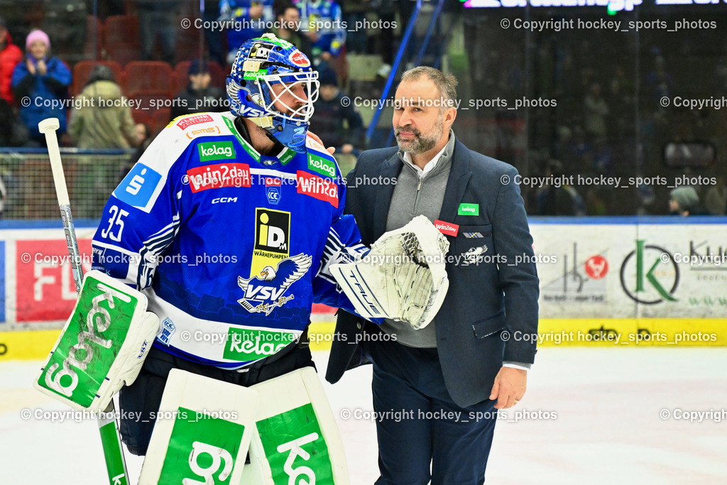 EC IDM WÄRMEPUMPEN VSV vs. Olimpija Ljubljana | #35 Joe Cannata EC VSV, Pierre Allard Headcoach EC VSV, EC IDM WÄRMEPUMPEN VSV vs. Olimpija Ljubljana, EC IDM WÄRMEPUMPEN VSV vs. Olimpija Ljubljana am 01.02.2026 in Villach (Stadthalle Villach), Austria, (Photo by Bernd Stefan)