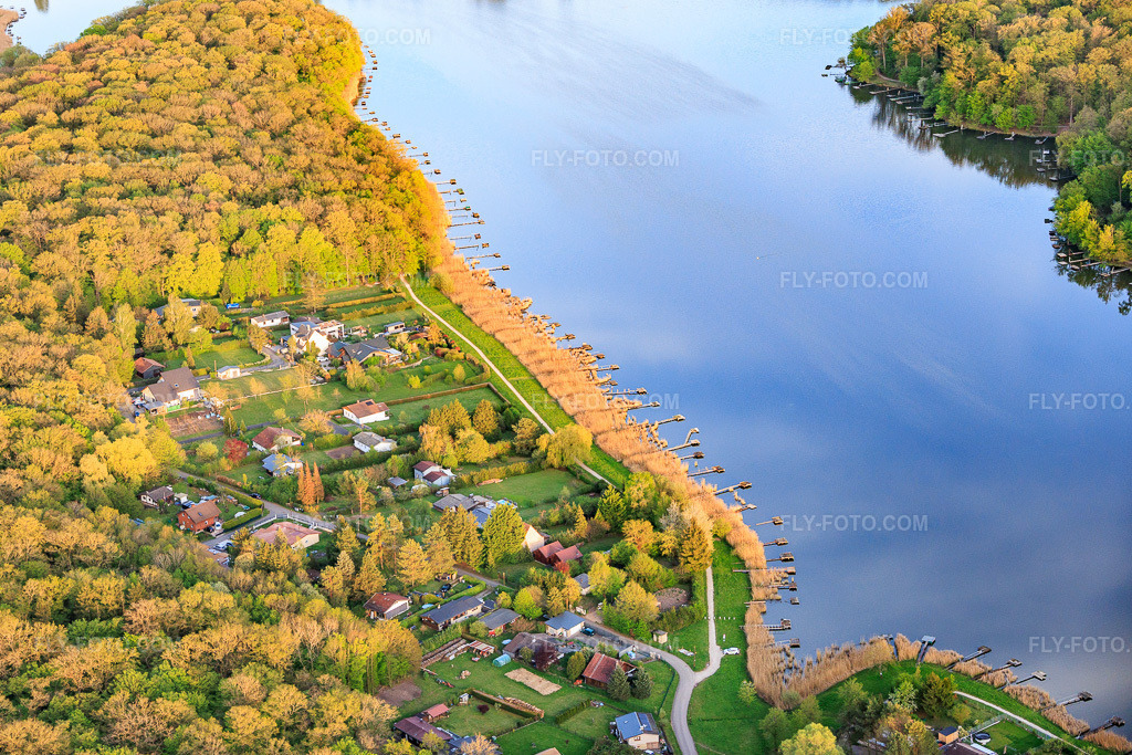 Aerial view: Fishing piers in the reeds on the shore of the Etang des Marais in the forest in Rémering-lès-Puttelange in the state Moselle, France. – Photo: IMG_154790.jpg taken on 04/17/2026 by Werner Riehm/FLY-FOTO.com – Resolution of the original: 5764 x 3843 px