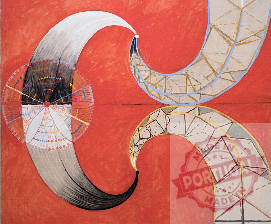 Hilma af Klint abstract art The Swan series painting. Hilma af Klimt | Abstract painting showing two opposing swan forms on a red background, representing duality - Realized with Pictrs.com