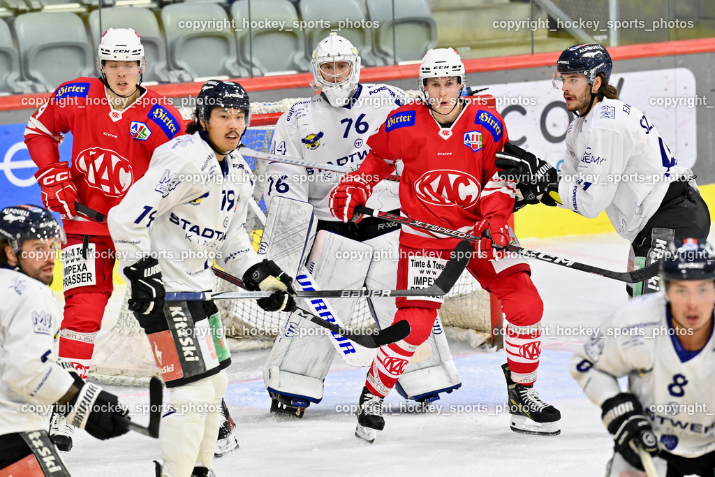 EC KAC Future Team vs. Die Adler Kitzbühl 7.10.2023 | #94 Siftar Anze, #19 Seto Chris EC Kitzbühel, #76 Schubert Thomas EC Kitzbühel, #87 Piuk Tobias, #41 Szabad Kevin EC Kitzbühel, EC KAC Future Team vs. Die Adler Kitzbühl 7.10.2023, EC KAC Future Team vs. Die Adler Kitzbühl am 07.10.2023 in Klagenfurt (Messehalle Klagenfurt), Austria, (Photo by Bernd Stefan)