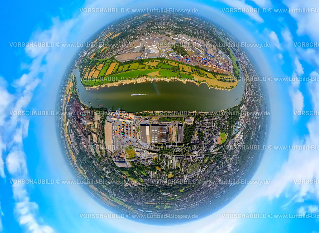 Duisburg230790227_LogPort I LogPort II | Luftbild, logport I und logport II am Fluss Rhein, Erdkugel, Fisheye Aufnahme, Fischaugen Aufnahme, 360 Grad Aufnahme, tiny world, Friemersheim, Duisburg, Ruhrgebiet, Nordrhein-Westfalen, Deutschland