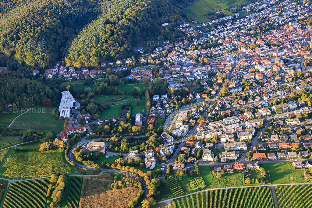 Luftbild: Weinstraße, Weißenburger Straße und Kurpark Bad Bergzabern in Bad Bergzabern im Bundesland Rheinland-Pfalz in Deutschland. Foto: IMG_074655.jpg vom 14.10.2014 durch Werner Riehm/FLY-FOTO.de