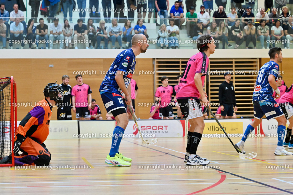 VSV Unihockey vs. Wiener Floorball Verein | #80 BEZUCHA Bernhard Wiener Floorballverein, #13 Jan Sláma VSV Unihockey, #81 LAUKKANEN Jesse Wiener Floorballverein, VSV Unihockey vs. Wiener Floorball Verein, VSV Unihockey vs. Wiener Floorball Verein am 18.05.2025 in Villach (Ballspielhalle St. Martin), Austria, (Photo by Bernd Stefan)