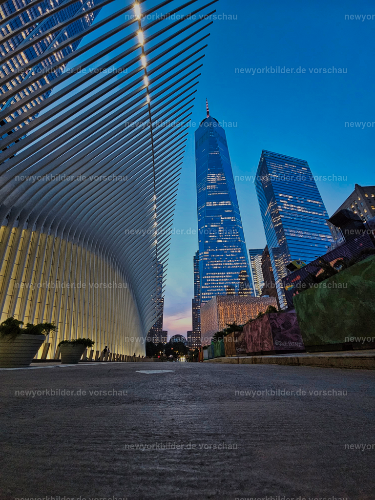 Blaue Stunde am Oculus – Gigantische Perspektive mit One World Trade Center | Zur blauen Stunde verwandelt sich Downtown Manhattan in ein Spiel aus Licht und Schatten. Vom Boden aus erhebt sich links das Oculus mit seinen geschwungenen, weißen Linien wie die Flügel eines futuristischen Vogels. Rechts ragt das One World Trade Center in den Himmel, majestätisch und klar vor dem tiefblauen Abendhimmel. Die ersten Lichter spiegeln sich in Glas und Stahl, während die Straßen langsam zur Ruhe kommen. Diese Perspektive vereint zwei architektonische Ikonen in einem Bild, das Kraft und Eleganz ausstrahlt. Ein Moment, der die moderne Seele New Yorks sichtbar macht – monumental und zugleich poetisch