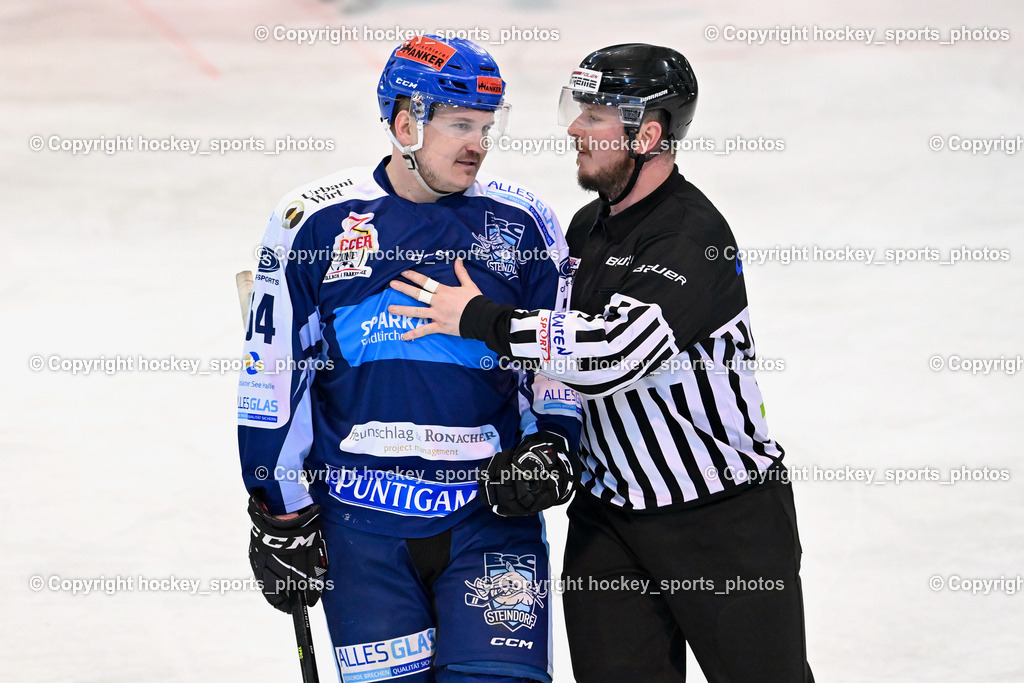 ESC Steindorf vs. EHC Althofen | #64 Stichauner Fabian ESC Steindorf, Wucherer Gerald Referee, ESC Steindorf vs. EHC Althofen, ESC Steindorf vs. EHC Alhofen am 03.03.2024 in Steindorf (Ossiachersee Halle), Austria, (Photo by Bernd Stefan)