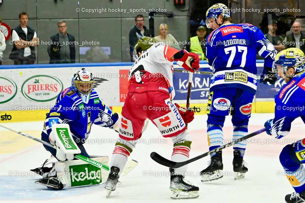 EC IDM Wärmepumpen VSV vs. HC Bozen 19.9.2023 | #1 Jean-Philippe Lamoureux, #9 Mantenuto Daniel, #77 LINDNER Philipp, win2day icehockeyleague, EC IDM Wärmepumpen - HC Bozen  am 19.09.2023 in Villach (Stadhalle Villach), Austria, (Photo by Bernd Stefan)
