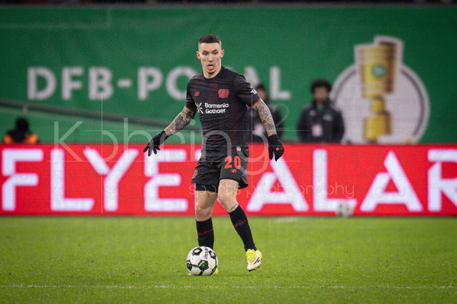Bayer 04 Leverkusen vs. FC St. Pauli, 03.02.2026 | LEVERKUSEN, GERMANY - FEBRUARY 3:  Alejandro Grimaldo (Bayer 04 Leverkusen, 20) during the DFB Cup quarter-final match Bayer 04 Leverkusen vs. FC St. Pauli at BayArena on February 3, 2026 in Leverkusen, Germany. (Photo by Axel Kohring/Beautiful Sports Int.)DFL REGULATIONS PROHIBIT ANY USE OF PHOTOGRAPHS AS IMAGE SEQUENCES AND/OR QUASI-VIDEO.