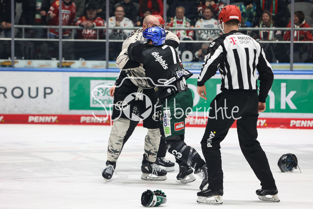 Augsburger Panther - Kölner Haie  | Matthew PUEMPEL (AEV #73) und Maximilian GLOETZL kaempfen auf dem Eis / Fight / Kampf / Faustkampf