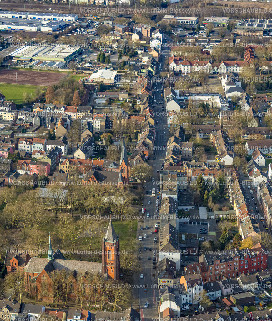 Gelsenkirchen250203061Sued | Luftbild, Wohngebiet Ückendorfer Straße, mit ehemaliger kath. St. Josef Kirche und evang. Nicolaikirche, Ückendorf, Gelsenkirchen, Ruhrgebiet, Nordrhein-Westfalen, Deutschland