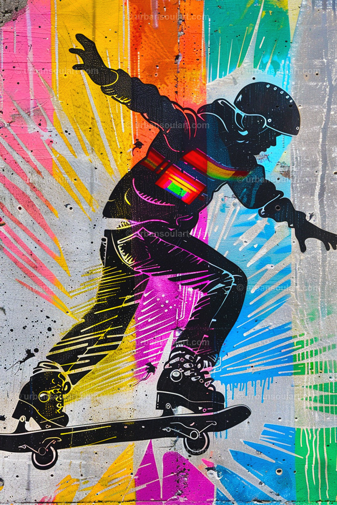 New Skater Style | A vibrant urban artwork featuring a skater mid-motion with colorful neon background. Ideal for street art enthusiasts and those who love energetic, modern decor. - Realisiert mit Pictrs.com