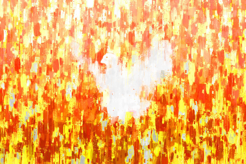 Friedenstaube auf rot, orange, gelb | Online Shop für Christen: Christliche Poster XXL, Plakate, Wandbilder als Leinwand & christliche Postkarten, Kalender, Sticker & Lizenzen zum Download. Die Kunstwerke im christliche Geschenke Shop zeigen die Jahreslosung 2025, Gott, Jesus & mehr.