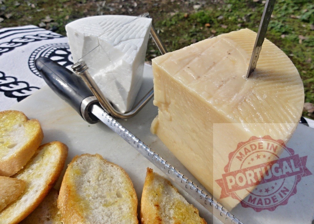 Two cheese wedges with bread on picnic blanket | Cheese and toasted bread slices prepared for an outdoor picnic snack or appetizer - Realized with Pictrs.com