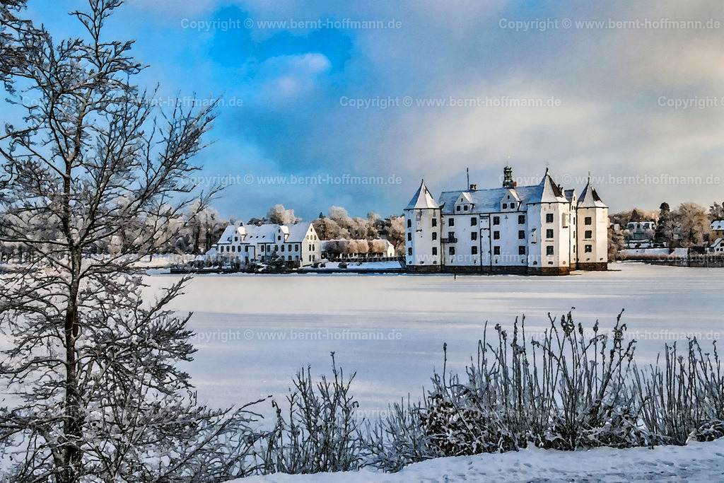 PDM2_Winter_SchlossGlbg_4189_150x100_sig | Digitale Malerei. Winter am Glücksburger Schloss mit dem vereisten Schlossteich. - Realisiert mit Pictrs.com