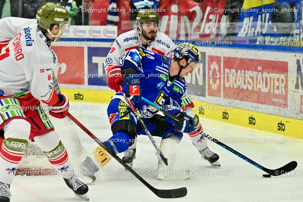 EC VSV vs. HC Bozen 16.2.2024 | #9 Mantenuto Daniel, #74 Golod Maxime, EC VSV vs. HC Bozen 16.2.2024, EC VSV vs. HC Bozen 16.2.2024 am 16.02.2024 in Villach (Stadthalle Villach), Austria, (Photo by Bernd Stefan)