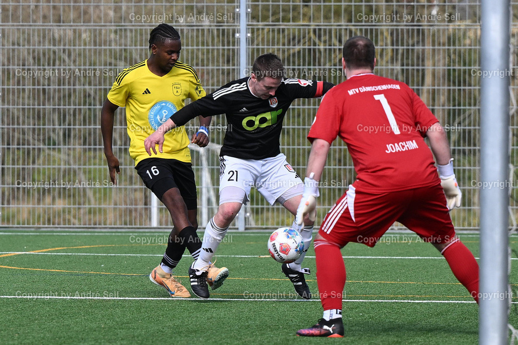 MTV Dänischenhagen (schwarz) vs TSV Altenholz (gelb) | Marc Petersen (Dänischenhagen #21) &amp; Finn Joachim (Dänischenhagen #1) vs Maalik Brackmann (TSVA #16) / Fußball-Verbandsliga Ost Männer 2025/2026 / MTV Dänischenhagen (schwarz) vs TSV Altenholz (gelb) / Platz C - Kunstrasenplatz / Dänischenhagen / 11.04.26 - Realisiert mit Pictrs.com