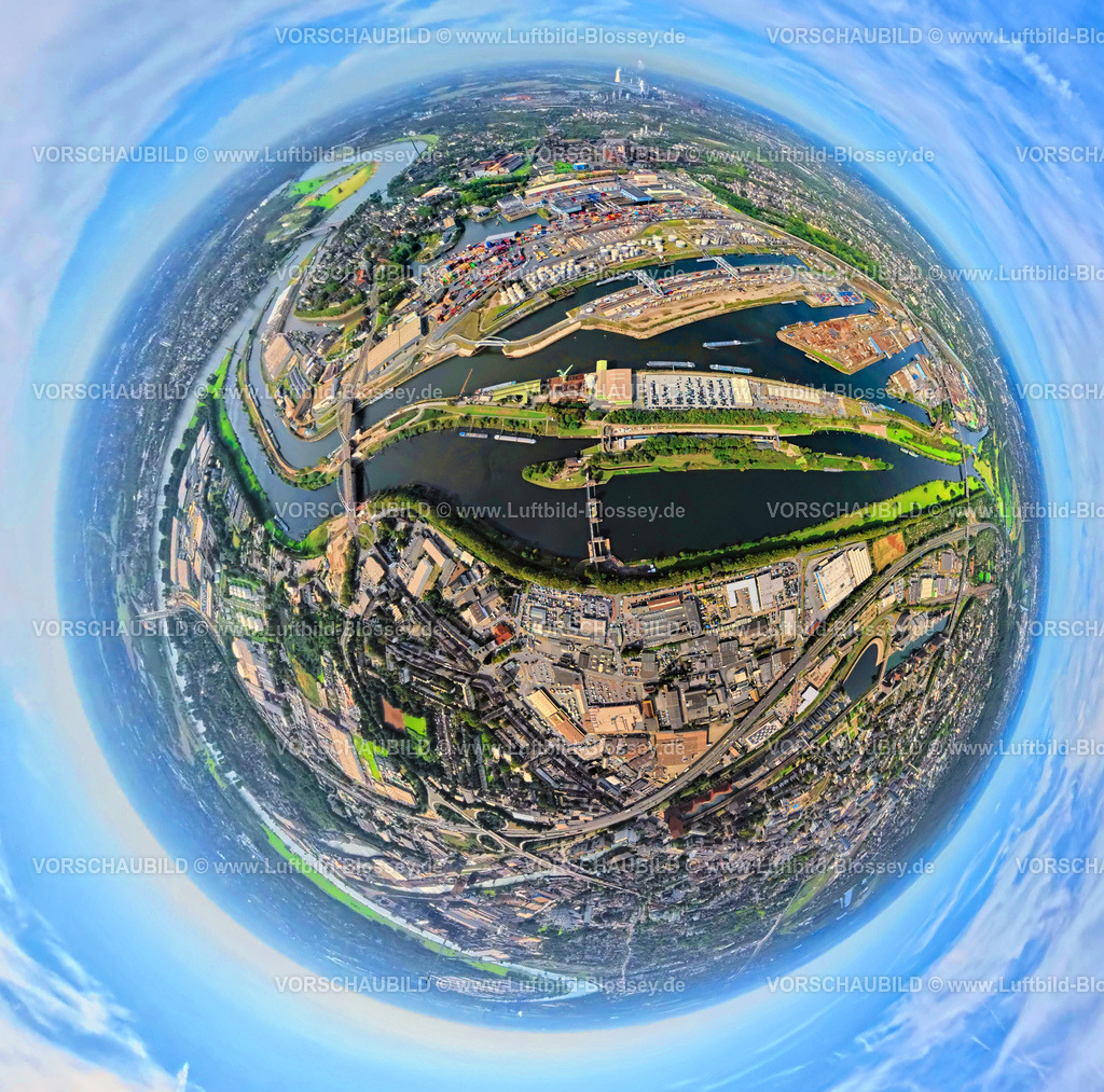 Duisburg250903953(1) | Luftbild, Hafen Duisburg-Ruhrort mit Ölinsel, Kohleninsel und Schrottinsel, Fluss Ruhr und Rhein-Herne-Kanal, Erdkugel, Fisheye Aufnahme, Fischaugen Aufnahme, 360 Grad Aufnahme, tiny world, little planet, fisheye Bild, Ruhrort, Duisburg, Ruhrgebiet, Nordrhein-Westfalen, Deutschland