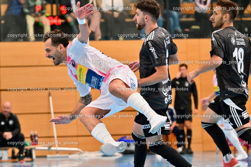 Carinthia Flamengo Futsal Club vs. FC Ljuti Krajisnici | Flugeinlage, #70 Yosifov Svetlozar Angelov Carinthia Flamengo, #6 Muhamed Ramic FC Ljuti Krajisnici, #18 Nermin Hasanbegovic FC Ljuti Krajisnici, Carinthia Flamengo Futsal Club vs. FC Ljuti Krajisnici, Carinthia Flamengo Fusal Club vs. FC Ljuti Krajisnici am 12.10.2025 in Klagenfurt (Ballspielhalle Viktring), Austria, (Photo by Bernd Stefan)