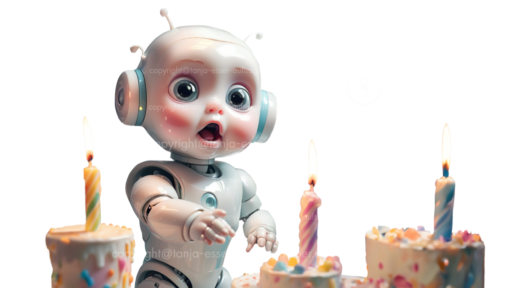 KI Geburtstag D | Künstliche Intelligenz ist noch jung. Symbolisiert durch weißes Roboterkind mit großen staunenden Augen. Es feiert Geburtstag und hat eine Geburtstags Torte mit 3 Kerzen im Vordergrund. KI generiertes Bild.