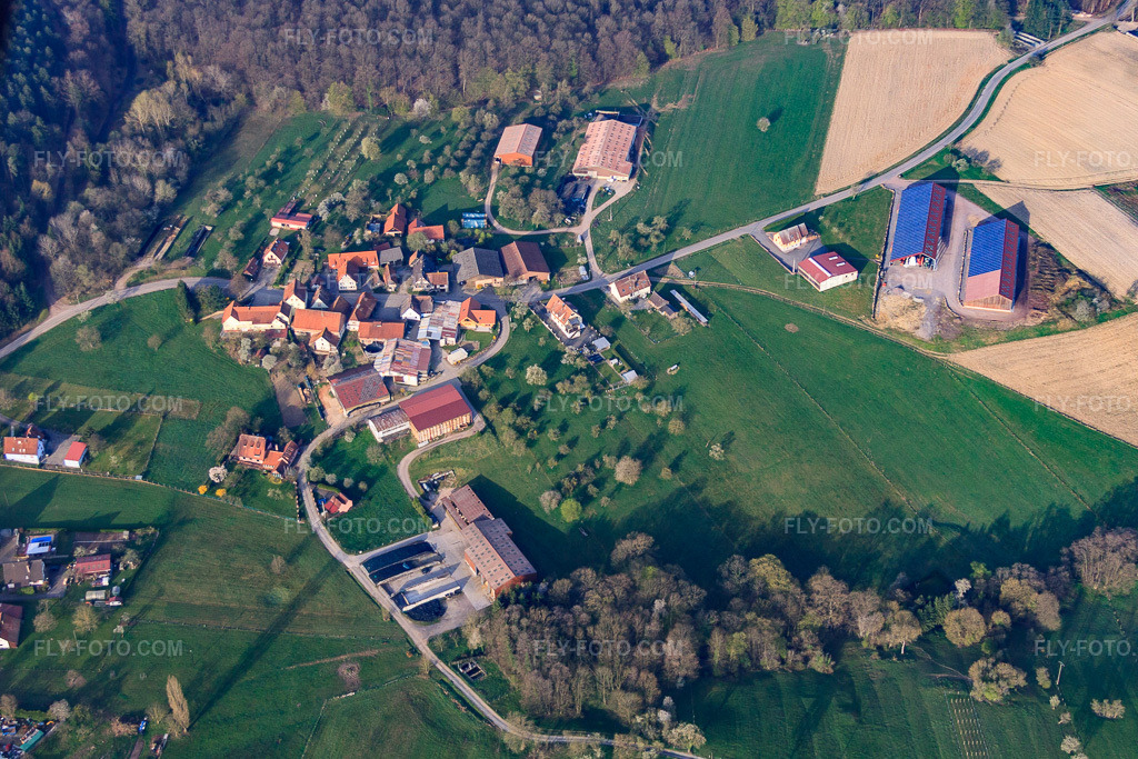 Aerial view: Pfaffenbronn district in Lembach in the state Bas-Rhin, France. – Photo: IMG_63676.jpg taken on 03/30/2014 by Werner Riehm/FLY-FOTO.com – Resolution of the original: 4537 x 3024 px