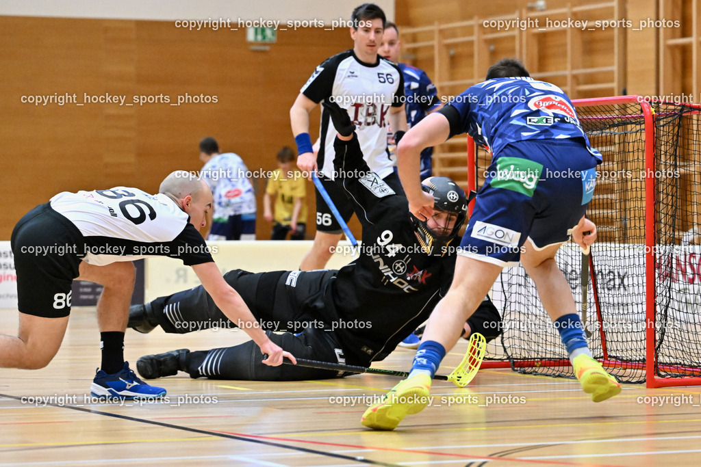 VSV Unihockey vs. IBK CARTOON HEROES | #86 Donát Kiss IBK CARTOON HEROES, #94 Bence Borbély IBK CARTOON HEROES, #5 Michael Kanduth VSV Unihockey, #56 Balázs Német IBK CARTOON HEROES, VSV Unihockey vs. IBK CARTOON HEROES, VSV Unihockey vs. IBK CARTOON HEROES am 22.02.2025 in Villach (Ballspielhalle St. Martin), Austria, (Photo by Bernd Stefan)