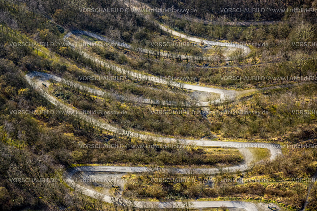 Bottrop250202423Mitte | Luftbild, Halde Beckstraße und serpentinenförmiger Wanderweg im Wald zum Tetraeder, Batenbrock-Nord, Bottrop, Ruhrgebiet, Nordrhein-Westfalen, Deutschland