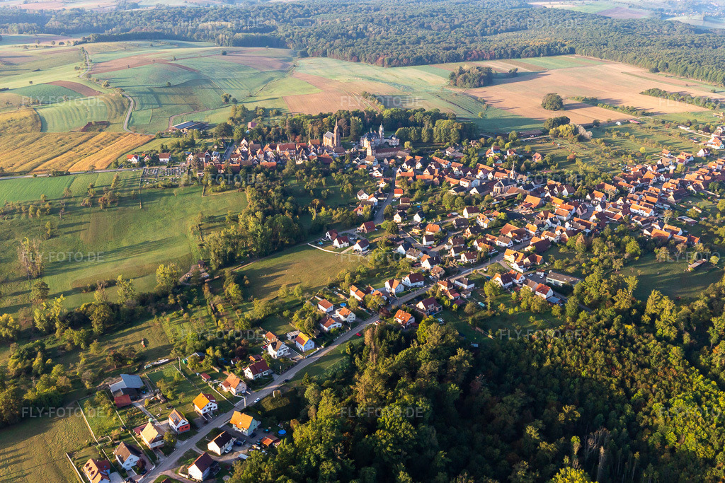 Luftbild: Ortsansicht von Norden in Frœschwiller im Bundesland Bas-Rhin in Frankreich. Foto: IMG_139167.jpg vom 01.10.2023 durch Werner Riehm/FLY-FOTO.de