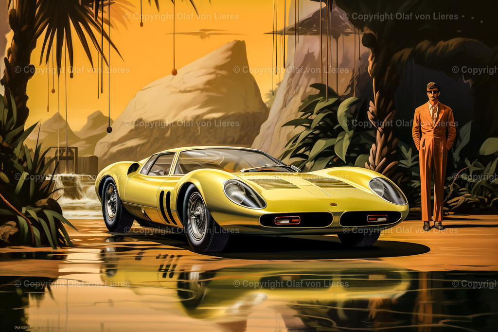 alter Sportwagen Wandbild | Sportwagen in gelb