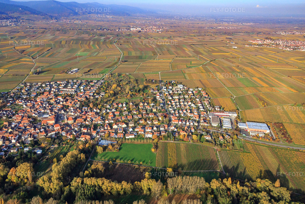 Luftbild: Ortsansicht von Süden im Ortsteil Godramstein in Landau im Bundesland Rheinland-Pfalz in Deutschland. Foto: IMG_085106.jpg vom 08.11.2015 durch Werner Riehm/FLY-FOTO.de