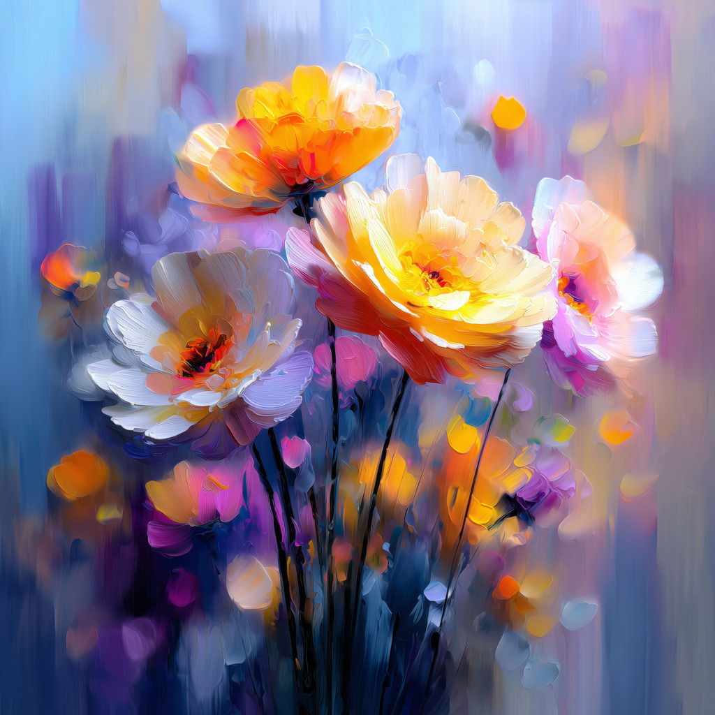 2506007 - Leuchtende Blüten | Ein leuchtender Blumenstrauß, eingefangen in weichen Pinselbewegungen und lebendigen Farbverläufen.Dieses Werk kombiniert florale Leichtigkeit mit intensiver Farbtiefe – ein Spiel aus Licht, Struktur und Emotion.