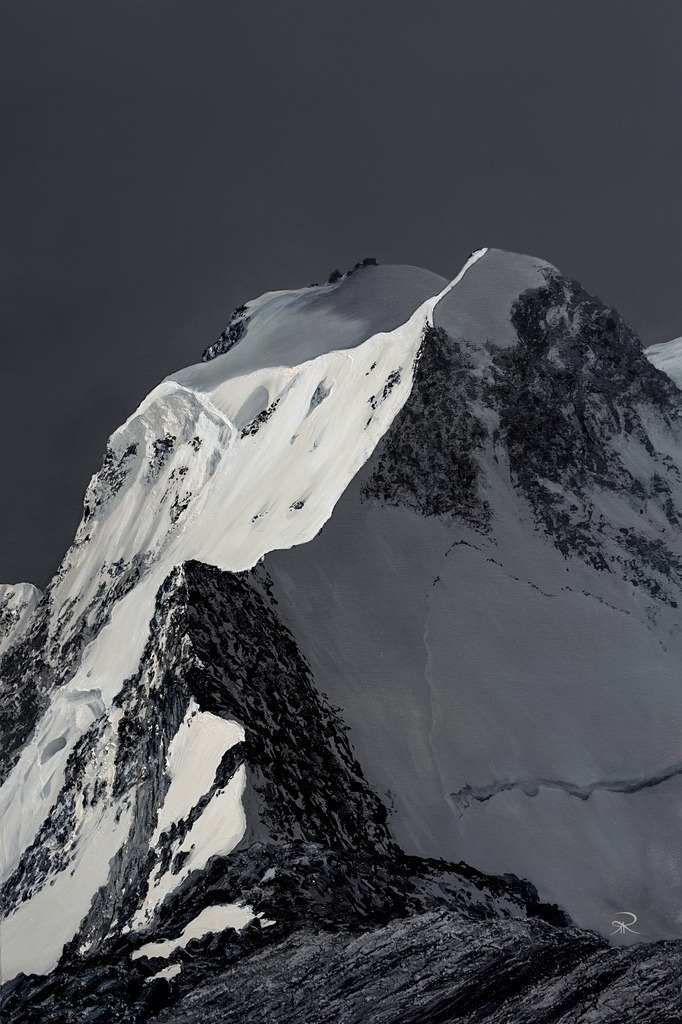 Summit of Strength  | Dieses Bild zeigt die Zumsteinspitze in all ihrer schlichten, aber kraftvollen Pracht. Der Hintergrund ist bewusst einfach gestaltet, um den Fokus ganz auf den Berg zu lenken. Die Felsen wurden mit viel Struktur zum Leben erweckt, was die Stärke und Beständigkeit der Natur hervorhebt.