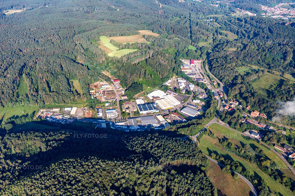 Luftbild: Industriegebiet Reichenbach in Dahn im Bundesland Rheinland-Pfalz in Deutschland. Foto: IMG_143181.jpg vom 06.08.2024 durch Werner Riehm/FLY-FOTO.de