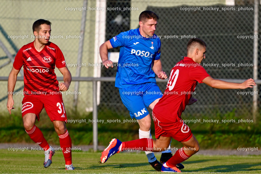 SV St.Jakob vs. SAK | #31 Fabio Putzl St.Jakob, #14 Nace Erzen SAK, #10 Mario Marjanovic St.Jakob, SV St.Jakob vs. SAK, SV St.Jakob vs. SAK am 23.08.2024 in St. Jakob im Rosenthal (Sportplatz St. Jakob), Austria, (Photo by Bernd Stefan)