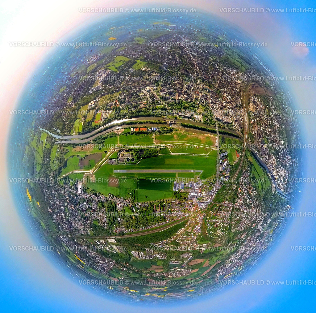 Hamm230520007LippeStrandFlughafen | Luftbild, Lippestrand Erlebensraum Baustelle, Flugplatz Lippewiesen, City, Erdkugel, Fisheye Aufnahme, Fischaugen Aufnahme, 360 Grad Aufnahme, Mitte, Hamm, Ruhrgebiet, Nordrhein-Westfalen, Deutschland