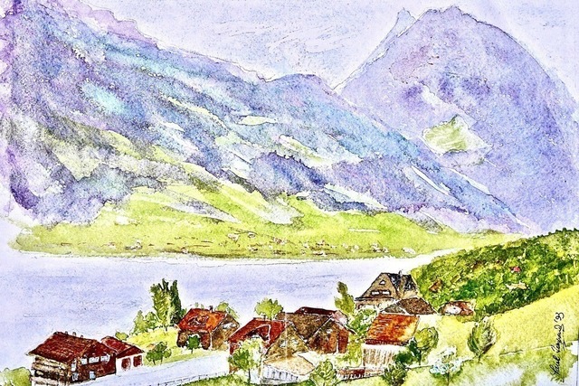 L1090519 | Dorfkern von Wilen bei Sarnen mit Güpfi, 2043 m und Sarnersee, Wasserfarben von Paul Townend - Realisiert mit Pictrs.com