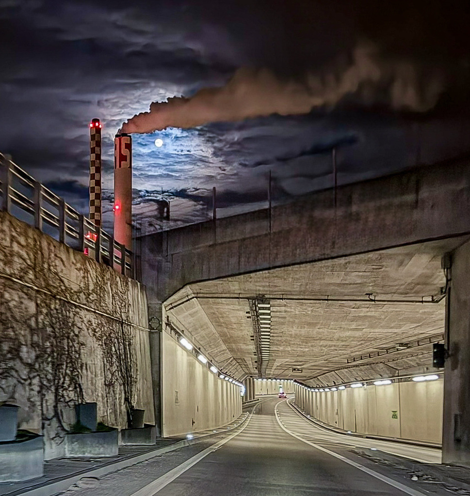 Night Tunnel Entrance Basel | Moody urban tunnel scene in Basel at night with dramatic clouds, industrial lighting and cinematic atmosphere. - Realisiert mit Pictrs.com