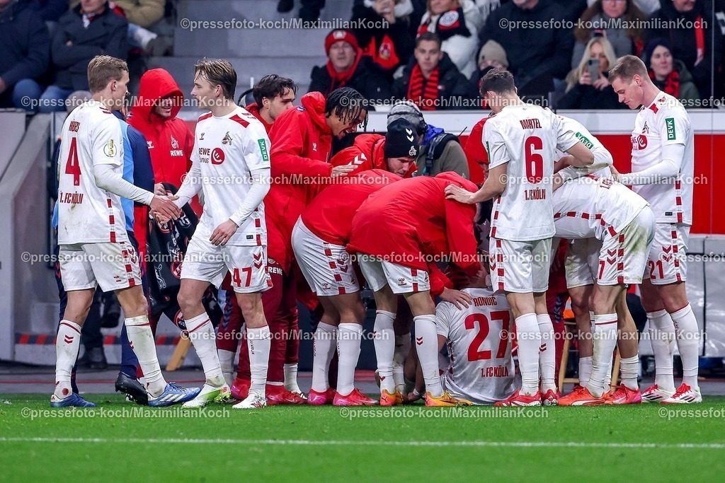 DFB05022501109 | 05.02.2025, Fußball, DFB-Pokal Viertelfinale, Bayer 04 Leverkusen - 1.FC Köln, BayArena, Saison 2024 2025: Torjubel nach dem Abseitstor von Imad Rondic (FC Köln #27) - Zu früh gefreut, das 3:3 wurde nach VAR Entscheidung zurückgenommenDFB regulations prohibit any use of photographs as image sequences and or quasi-video.